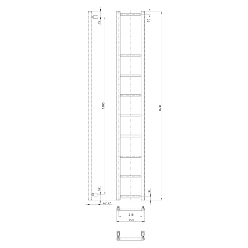 Grzejnik łazienkowy 250 x 1680 mm czarny mat DINA IR377TB Sapho rysunek techniczny
