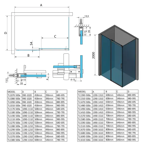 Kabina prysznicowa prostokątna 100 x 80 x 200 cm THRON SQUARE TL1080-5002 POLYSAN wymiary