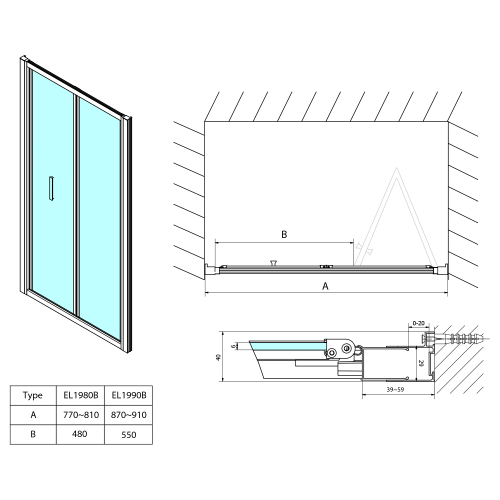Czarne drzwi prysznicowe do wnęki składane 90 x 190 cm szkło czyste EASY BLACK EL1990B Polysan Rysunek techniczny