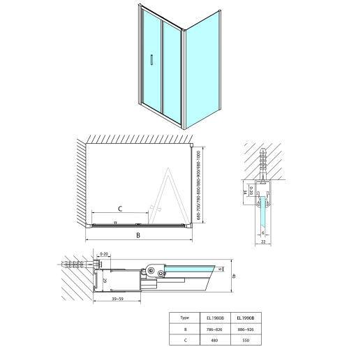 Czarne drzwi prysznicowe do wnęki składane 90 x 190 cm szkło czyste EASY BLACK EL1990B Polysan Rysunek techniczny