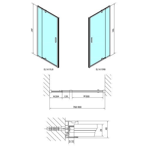 Czarne drzwi prysznicowe do wnęki obrotowe 760 - 900 mm szkło czyste EASY BLACK EL1615B Polysan Rysunek techniczny