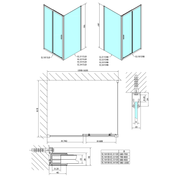 Czarna kabina prysznicowa prostokątna 160 x 80 x 190 cm drzwi przesuwne wariant L/P EASY BLACK EL1815B-02 Polysan Rysunek techniczny