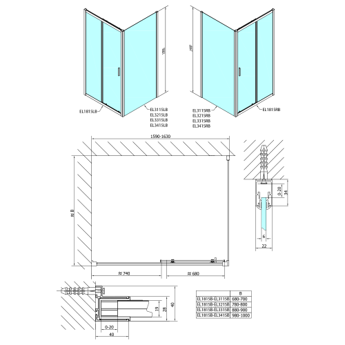 Czarna kabina prysznicowa prostokątna 160 x 70 x 190 cm drzwi przesuwne wariant L/P EASY BLACK EL1815B-01 Polysan Rysunek techniczny