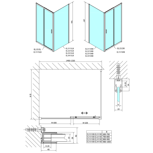Czarna kabina prysznicowa prostokątna 150 x 90 x 190 cm drzwi przesuwne wariant L/P EASY BLACK EL1515B-03 Polysan Rysunek techniczny