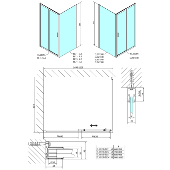 Czarna kabina prysznicowa prostokątna 150 x 70 x 190 cm drzwi przesuwne wariant L/P EASY BLACK EL1515B-01 Polysan Rysunek techniczny