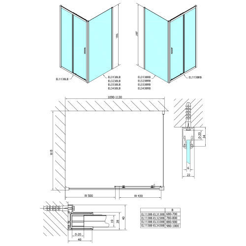 Czarna kabina prysznicowa prostokątna 110 x 70 x 190 cm drzwi przesuwne wariant L/P EASY BLACK EL1115B-01 Polysan Rysunek techniczny