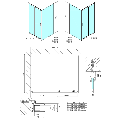 Czarna kabina prysznicowa prostokątna 100 x 70 x 190 cm drzwi przesuwne wariant L/P EASY BLACK EL1015B-01 Polysan Rysunek techniczny