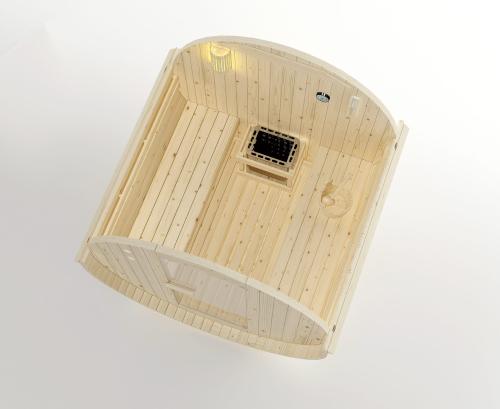 Sauna zewnętrzna ogrodowa 4 osobowa sucha Fińska w kształcie beczki świerk TROMSÖ L F50180 Sanotechnik widok z góry