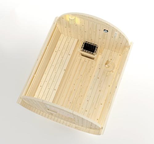 Sauna zewnętrzna ogrodowa 6 osobowa sucha Fińska w kształcie beczki świerk TROMSÖ XL F50220 Sanotechnik widok z góry