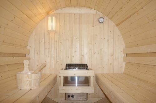 Sauna TROMSÖ XL F50220 Sanotechnik ściana tylna oświetlenie i piec