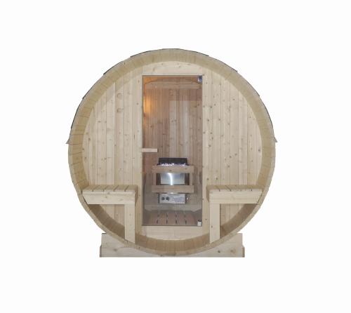 Sauna zewnętrzna 4 osobowa w kształcie beczki z siedziskami zewnętrznymi BERGEN F70220 Sanotechnik