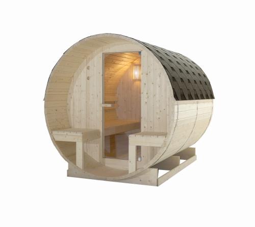 Sauna zewnętrzna ogrodowa 4 osobowa sucha Fińska w kształcie beczki świerk z siedziskami zewnętrznymi BERGEN F70220 Sanotechnik