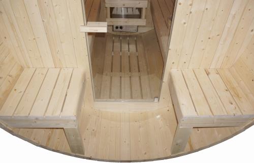 Sauna zewnętrzna ogrodowa 4 osobowa sucha Fińska w kształcie beczki świerk z siedziskami zewnętrznymi BERGEN F70220 Sanotechnik siedziska zewnętrzne