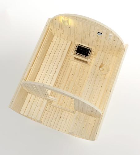 Sauna zewnętrzna ogrodowa 4 osobowa sucha Fińska w kształcie beczki świerk z siedziskami zewnętrznymi BERGEN F70220 Sanotechnik widok z góry