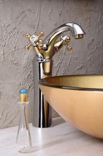 Bateria umywalkowa stojąca wysoka chrom-złoto ANTEA 3172L Reitano bok