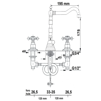 Bateria umywalkowa trzyotworowa chrom-złoto retro 3222 ANTEA Reitano rysunek