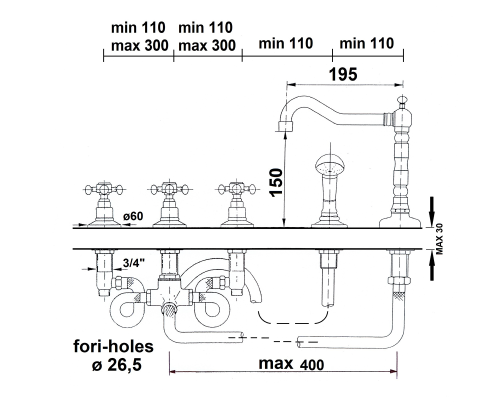 Bateria nawannowa 5 otworowa złoto ANTEA 3885 Reitano rysunek