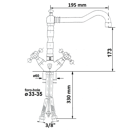 Bateria umywalkowa stojąca chrom złoto ANTEA 3372 Reitano rysunek