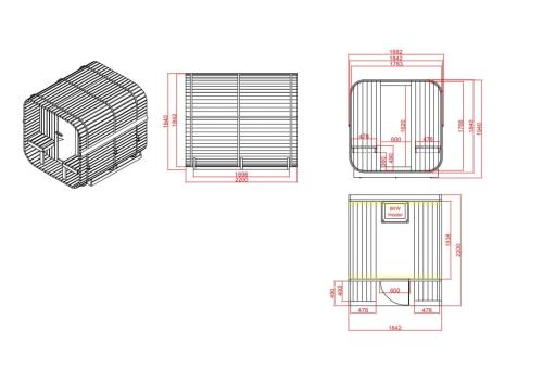 4 osobowa sauna zewnętrzna ogrodowa Fińska GÖTEBORG F60220 Sanotechnik Rysunek techniczny i wymiary