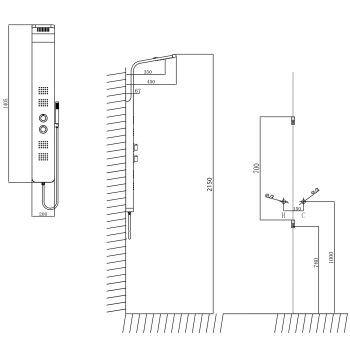 Panel prysznicowy 200 x 1400 mm z baterią termostatyczną PRESTIGE stal nierdzewna WN337 Sapho  rysunek techniczny