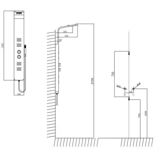 Panel prysznicowy 200 x 1400 mm z baterią termostatyczną PRESTIGE stal nierdzewna WN337 Sapho  rysunek techniczny