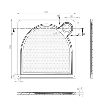 Brodzik prysznicowy kwadratowy kompozytowy 80 x 80 x 3 cm LARCA PL008 Gelco rysunek techniczny