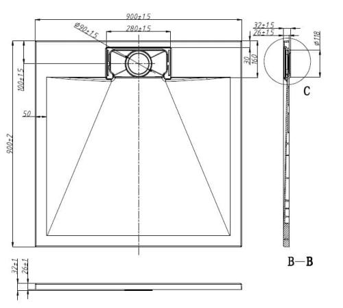 Brodzik prysznicowy kwadratowy starylowy 90 x 90 x 2,6 cm SMC szary 9090G Sanotechnik rysunek techniczny