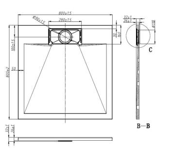 Brodzik prysznicowy kwadratowy starylowy 80 x 80 x 2,6 cm SMC czarny 8080B Sanotechnik rysunek techniczny