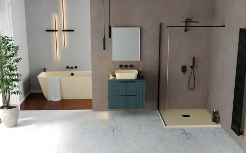 Brodzik prysznicowy kwadratowy kompozytowy z możliwością docinania 90 x 90 x 3 cm FLEXIA beż mat 71546.81 Polysan aranzacja