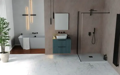 Brodzik prysznicowy kwadratowy kompozytowy z możliwością docinania 90 x 90 x 3 cm FLEXIA szary mat 71546.31 Polysan aranżacja