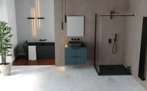 Brodzik prysznicowy kwadratowy kompozytowy z możliwością docinania 100 x 100 x 3 cm FLEXIA antracyt mat 71552.51 Polysan aranżacja