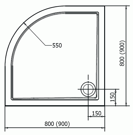 Brodzik prysznicowy półokrągły kompozytowy R55 90 x 90 cm SERA 41511 Polysan rysunek techniczny
