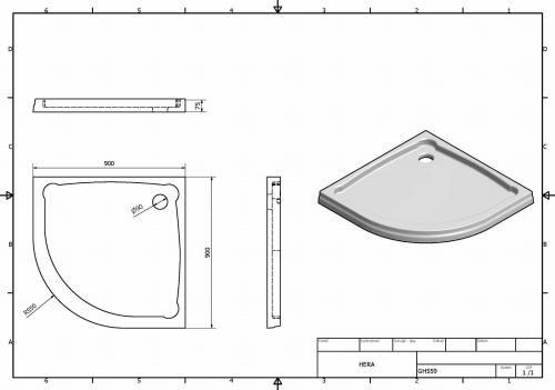 Brodzik prysznicowy półokrągły kompozytowy R55 90 x 90 cm HERA GH559 Gelco rysunek techniczny