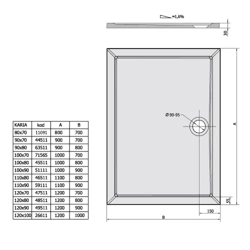 Brodzik prysznicowy prostokątny kompozytowy prostokątny 80 x 70 cm KARIA 11091 Polysan wymiary