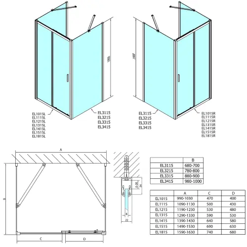 Kabina prysznicowa prostokątna przyścienna 110 x 100 x 190 cm L/P EASY szkło czyste EL1115EL3415EL3415 Polysan  wymiary
