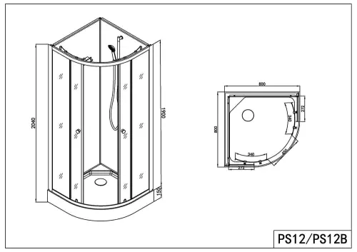 Kabina prysznicowa wolnostojąca półokrągła 80 x 80 x 203 cm OCEAN 1 PS12 Sanotechnik Rysunek techniczny i wymiary