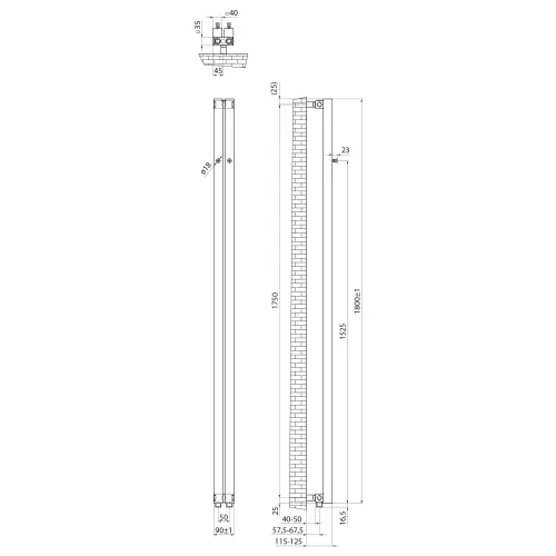 Grzejnik łazienkowy 90 x 1800 mm piaskowiec 301 W LETIZIA IR245S Sapho wymiary