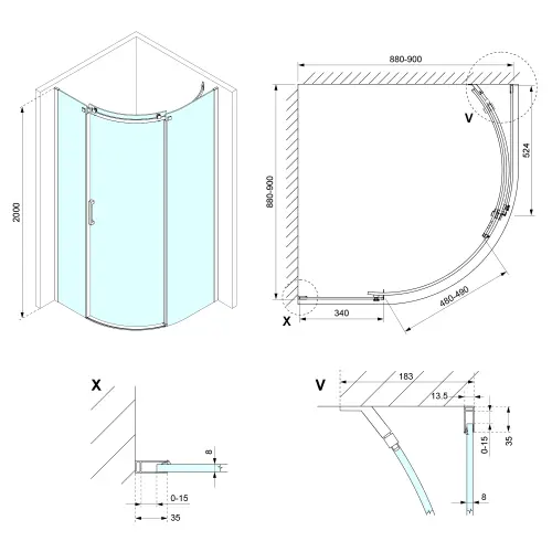 Kabina prysznicowa półokrągła 90 x 90 x 200 cm prawa THRON ROUND TL2690R-5005 POLYSAN rysunek techniczny
