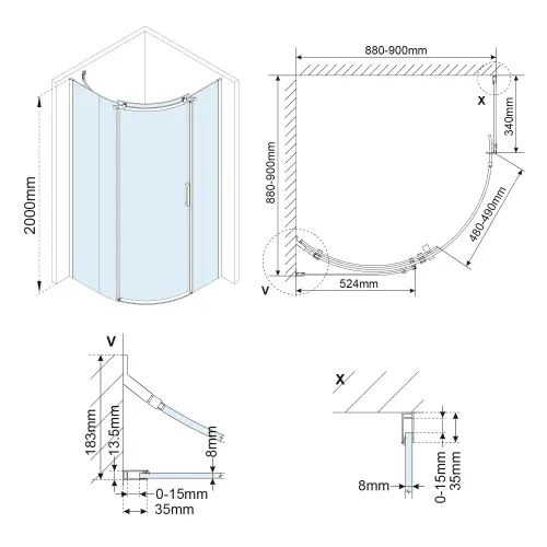 Kabina prysznicowa półokrągła 90 x 90 x 200 cm lewa THRON SQUARE TL2690L-5002 POLYSAN wymiary